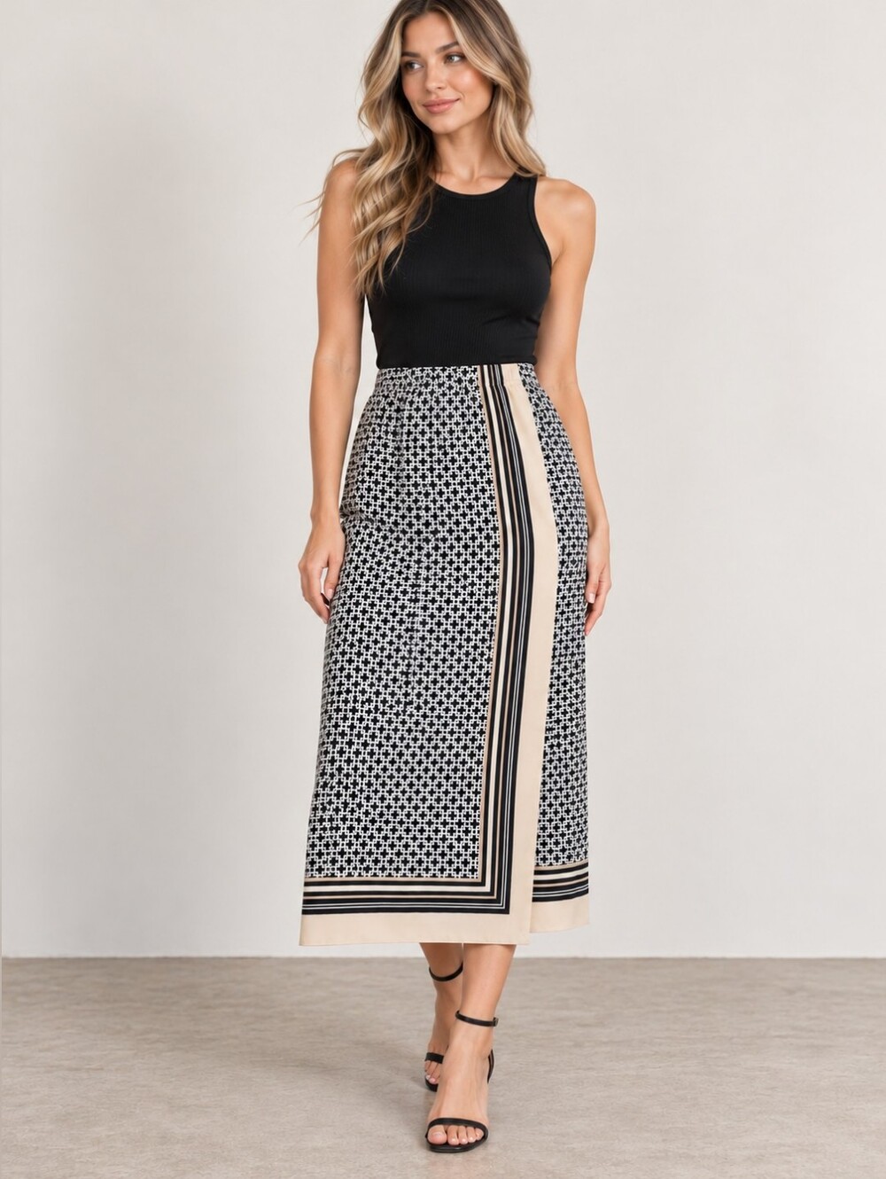 Abercrombie & Fitch Black & Cream Geometric Midi Skirt
